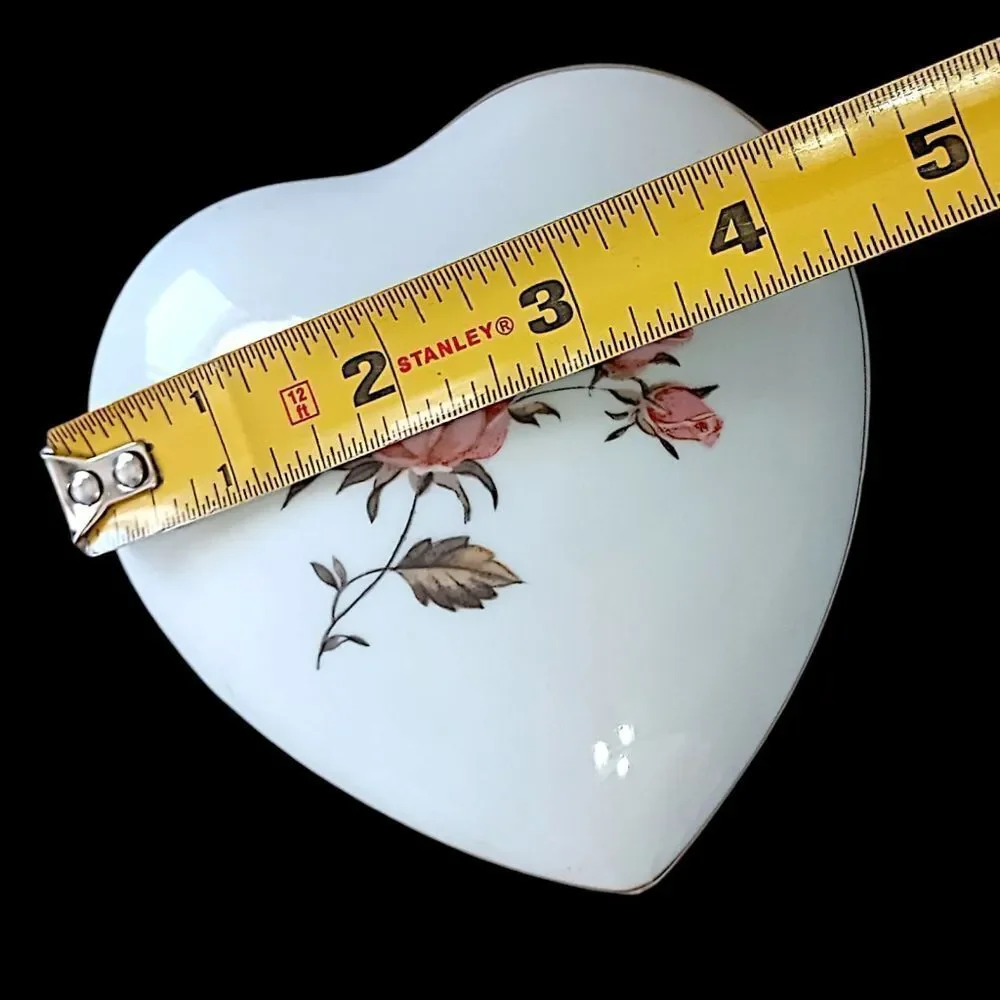 Heart Trinket Dish Ring Box Lid Pink Rose Flowers Signed Ceramic Vintage Cottage